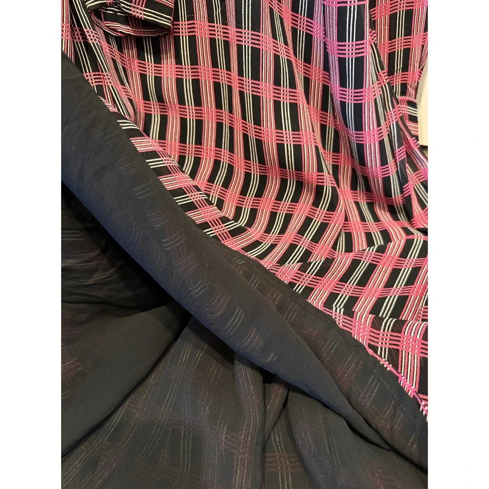 GANNI Pink Black Plaid Mock Neck Long Sleeve Midi Mod Dress Size M - Picture 10 of 13